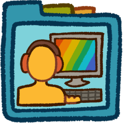 a person wearing orange headphones in front of a PC, inside a teal folder that has green and orange folder tabs behind it.
